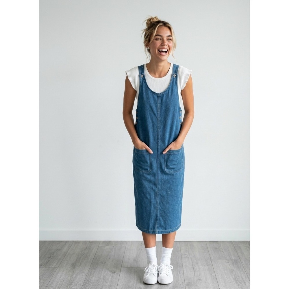 Vintage Denim Jumper Dress S Blue Pinafore Midi Preppy 90s Teacher Core Pockets